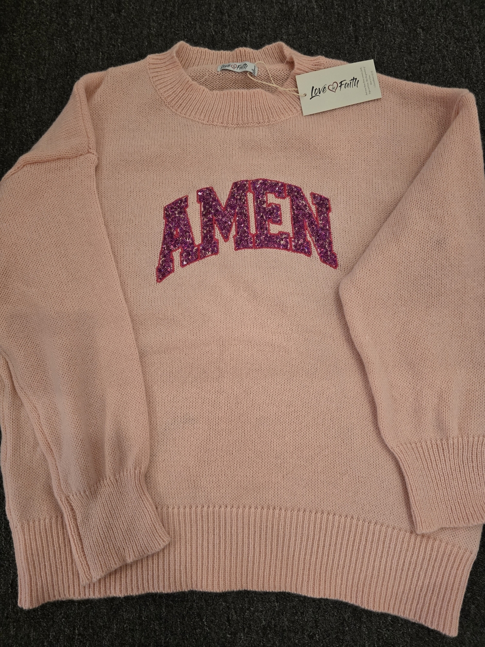 Love & Faith Pink Sequin 'AMEN' Crewneck Sweater
